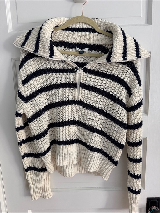 American Eagle Outfitters Sweaters - American Eagle Outfitters Striped Half-Zip Sweater - Ivory & Black